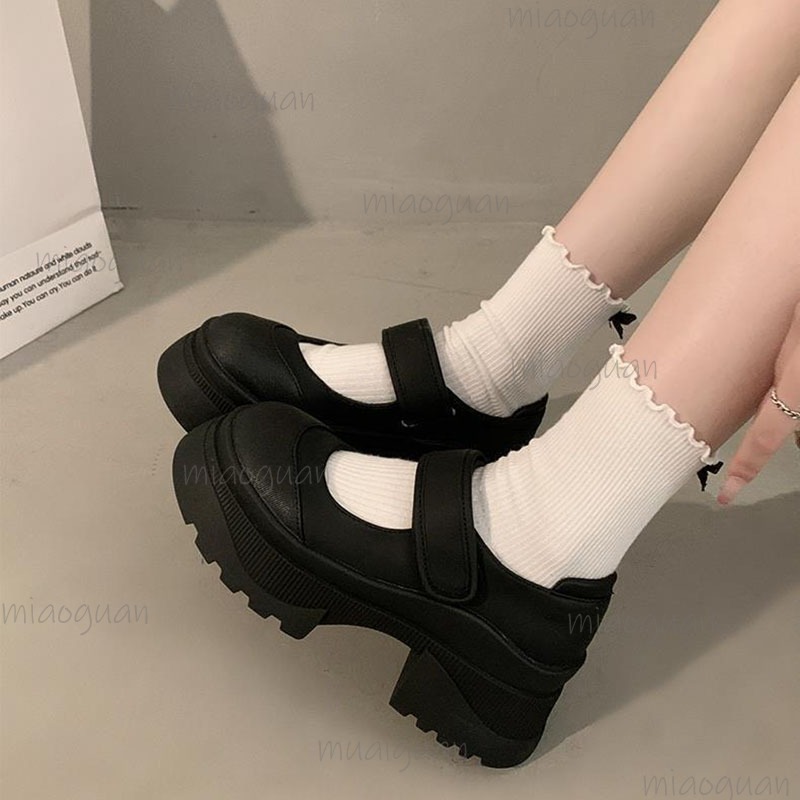 Women'S Shoes Loafers Black - Zwarte Retro Verhoogde Dikke Bodem Lederen