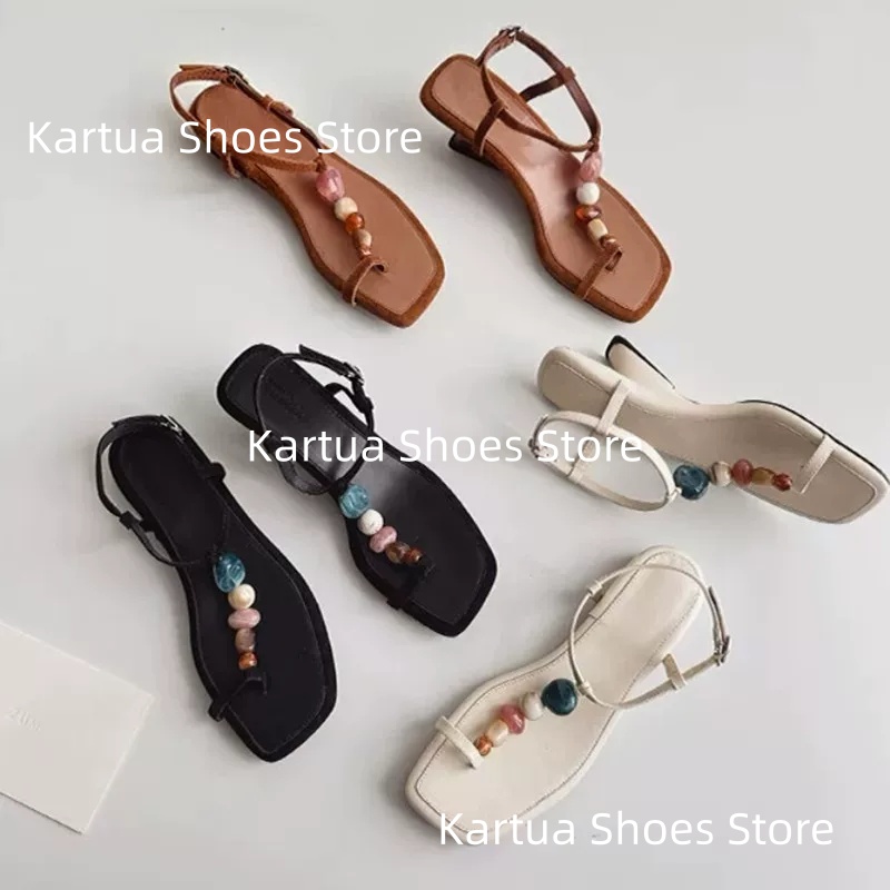 Thong Flat Sandal - Dames zwarte suède kleurrijke kralen thong