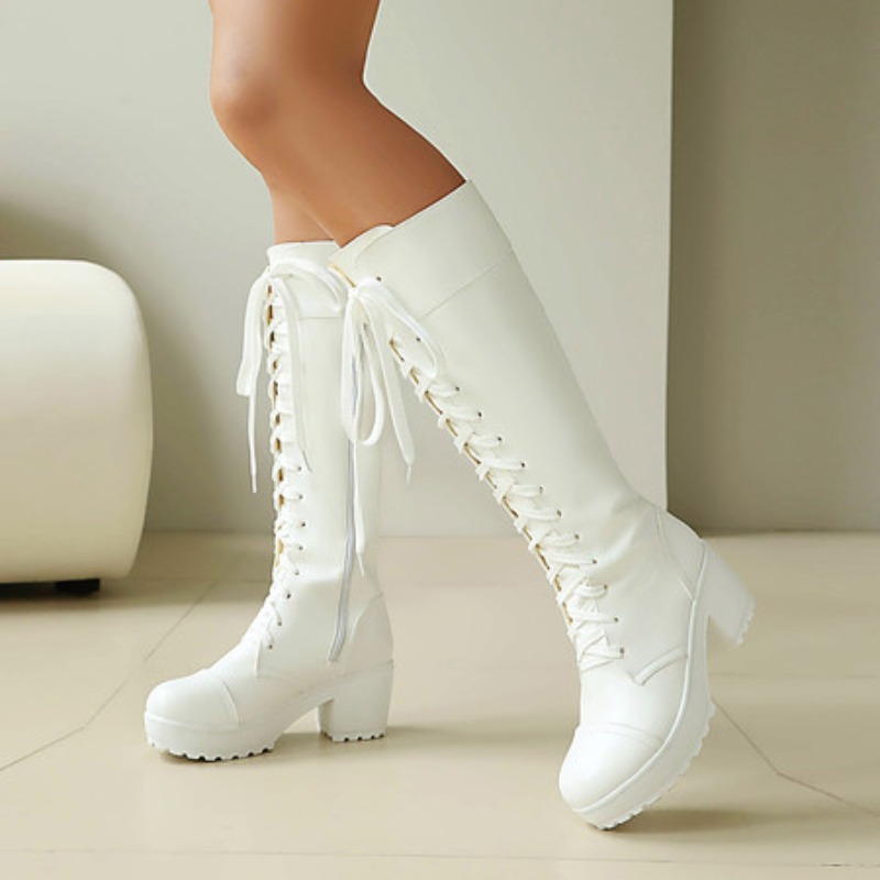 Women'S Shoes For Fall - Dames kniehoge gevechtslaarzen met veters, dikke